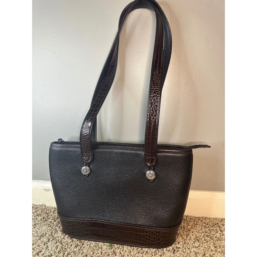 Brighton Black Pebbled Leather Croc Trim Tote Bag Floral Lining A510698‎